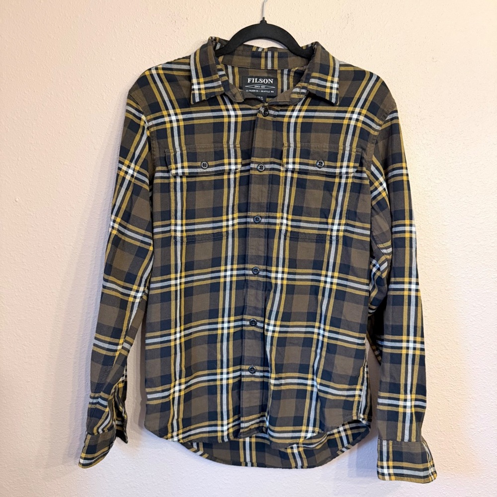 Filson Mens XS Plaid Button Down Shirt Olive Green Yellow Cotton Long Sleeve